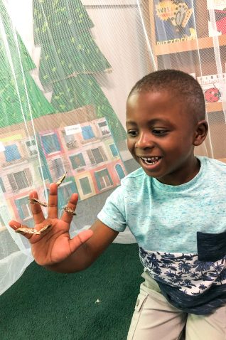 A student sitting with butterflies that have landed on his hand.