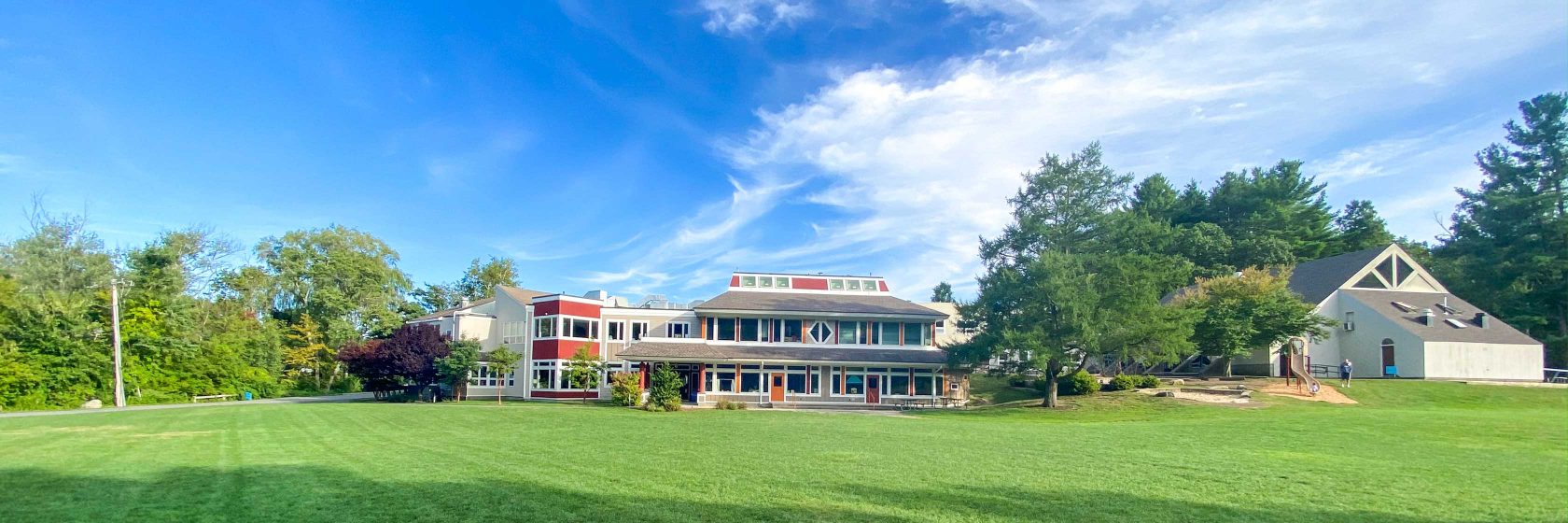 An exterior view of campus on a sunny day.