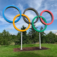 The olympic rings as a large statue.