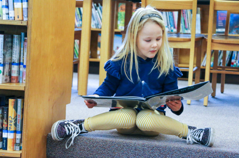 A student reading a book in the library