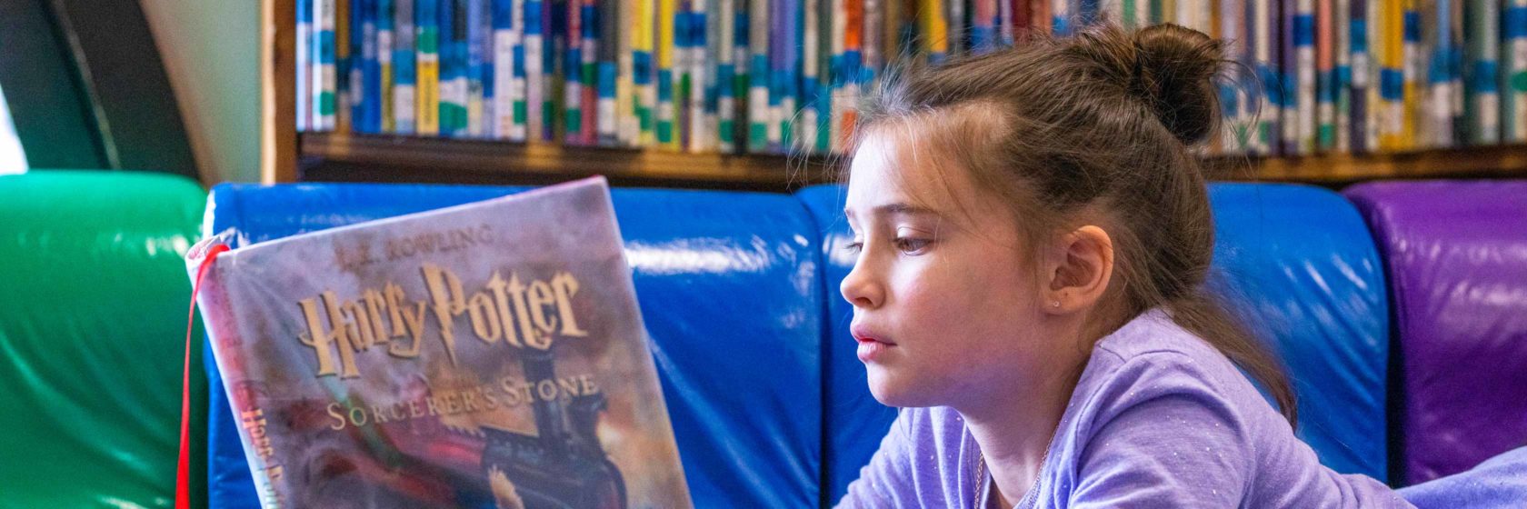 A student reading a book in the library
