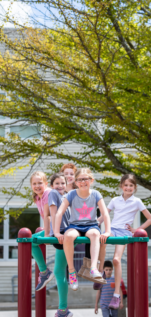 Students sitting on the playground monkey bars