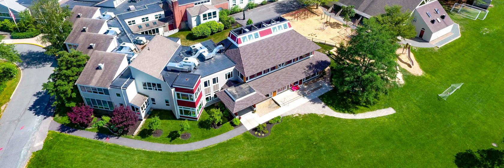 An aerial view of the Dedham Country Day School campus.