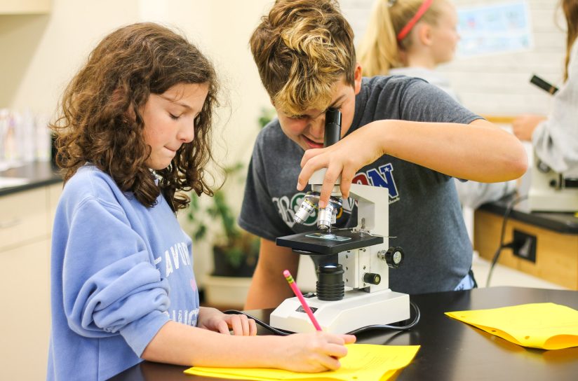 Students working together in science class using a microscope.