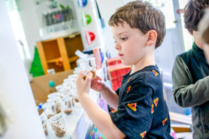 A student working on a project growing seeds.